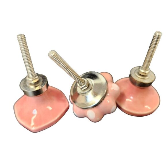 Set of 3 Pink Ceramic Knobs Decorative Drawer Pulls Geometric Floral Design Vint - Picture 3 of 8